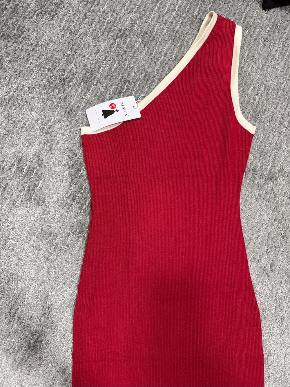Amazon Red One-Shoulder Knit Dress with Cream Trim